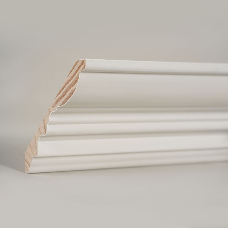Moulure couronnée en bois de pin (apprêt enduit et blanc perle) 3/5