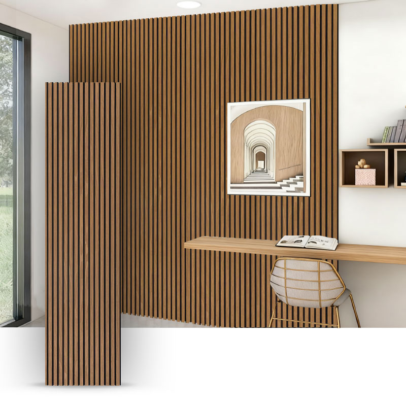 Mur de grille/panneau mural acoustique (placage de bois d'ingénierie sur 3 côtés enveloppé) - Couleur du grain du bois 2400/2700 mm x 600 mm